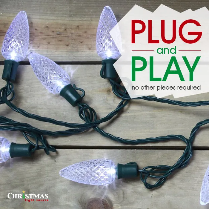 50-light  M5 Pure White LED Christmas Lights, 4" Spacing Green Wire