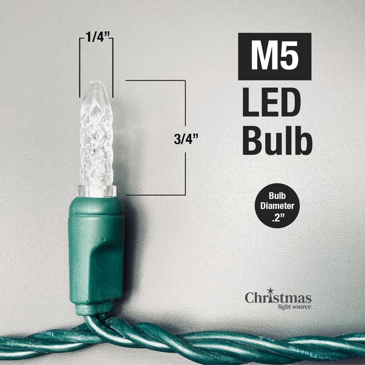 50-light  M5 Pure White LED Christmas Lights, 4" Spacing Green Wire