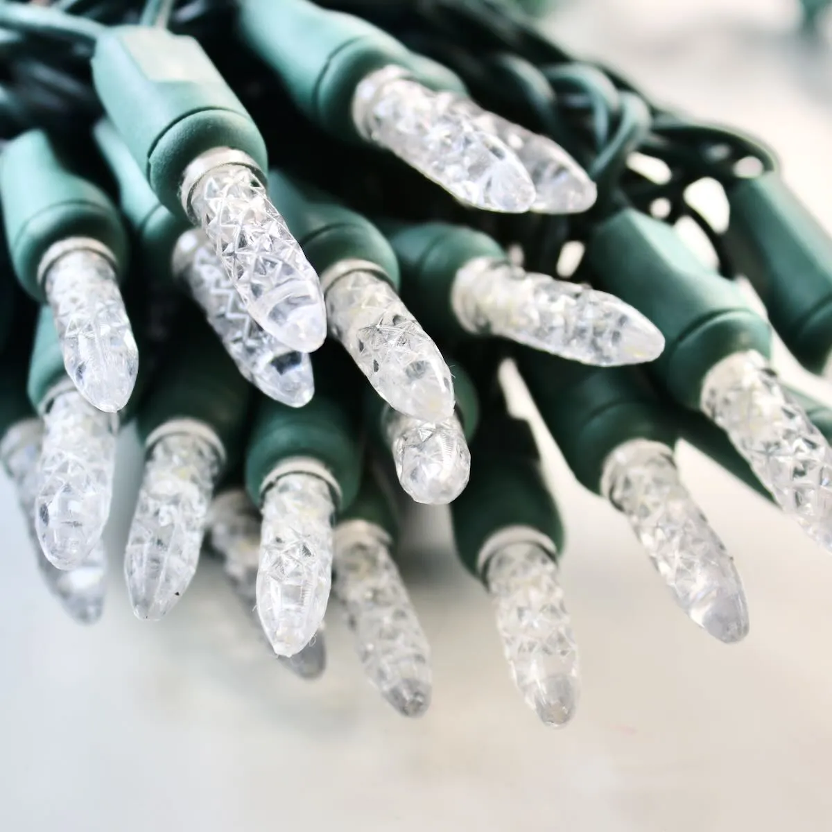 50-light  M5 Pure White LED Christmas Lights, 4" Spacing Green Wire