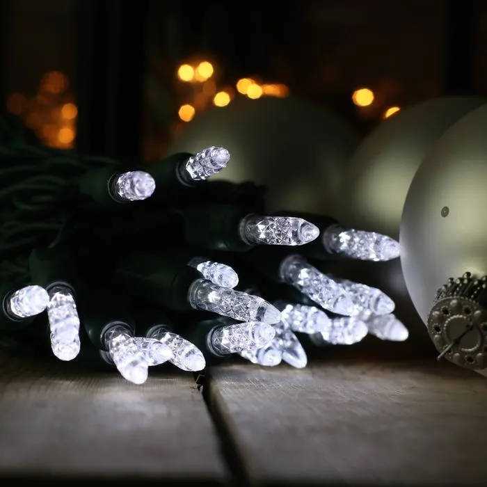 50-light  M5 Pure White LED Christmas Lights, 4" Spacing Green Wire
