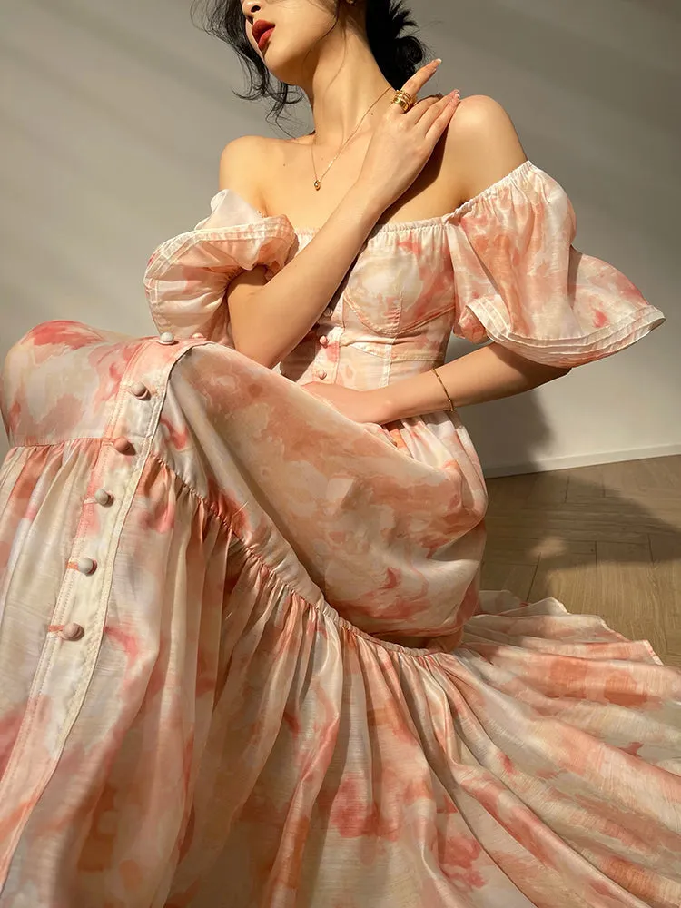 Aconiconi｜Romantic elegant French puff sleeve off-shoulder high-end midi dress - Flower Moon