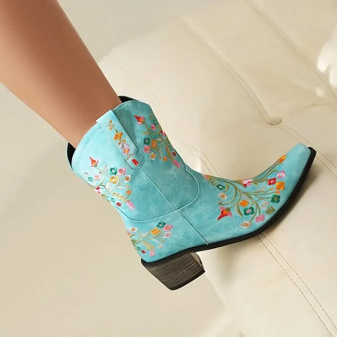 Blue Embroidered Chunky Heel Boots
