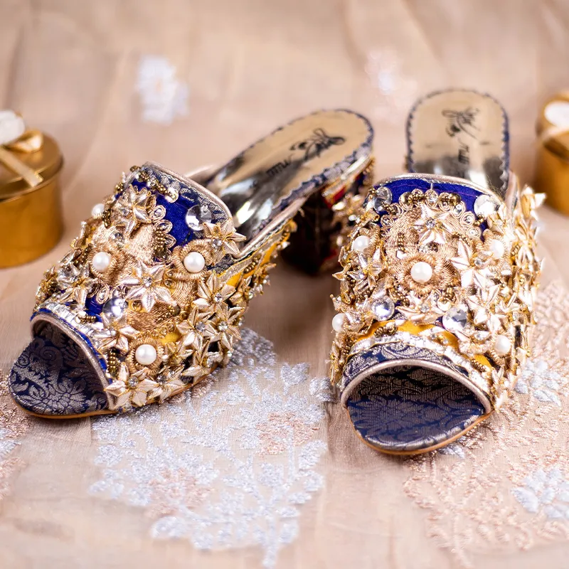 Blue Fancy Block Heel Slipper