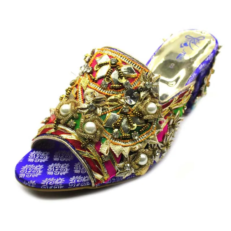 Blue Fancy Block Heel Slipper