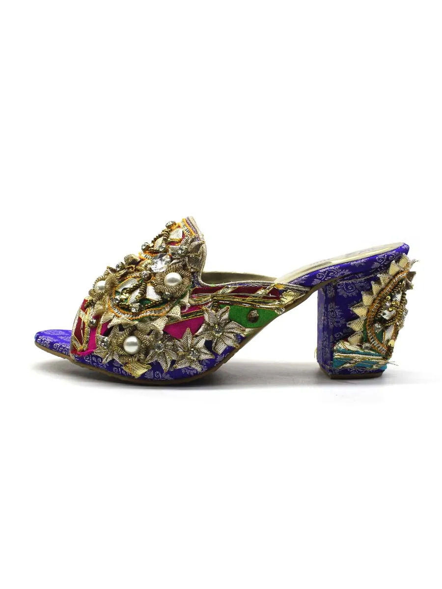 Blue Fancy Block Heel Slipper