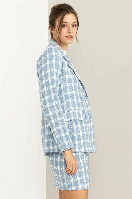 Blue Feeling Myself Checkered Double-Button Blazer