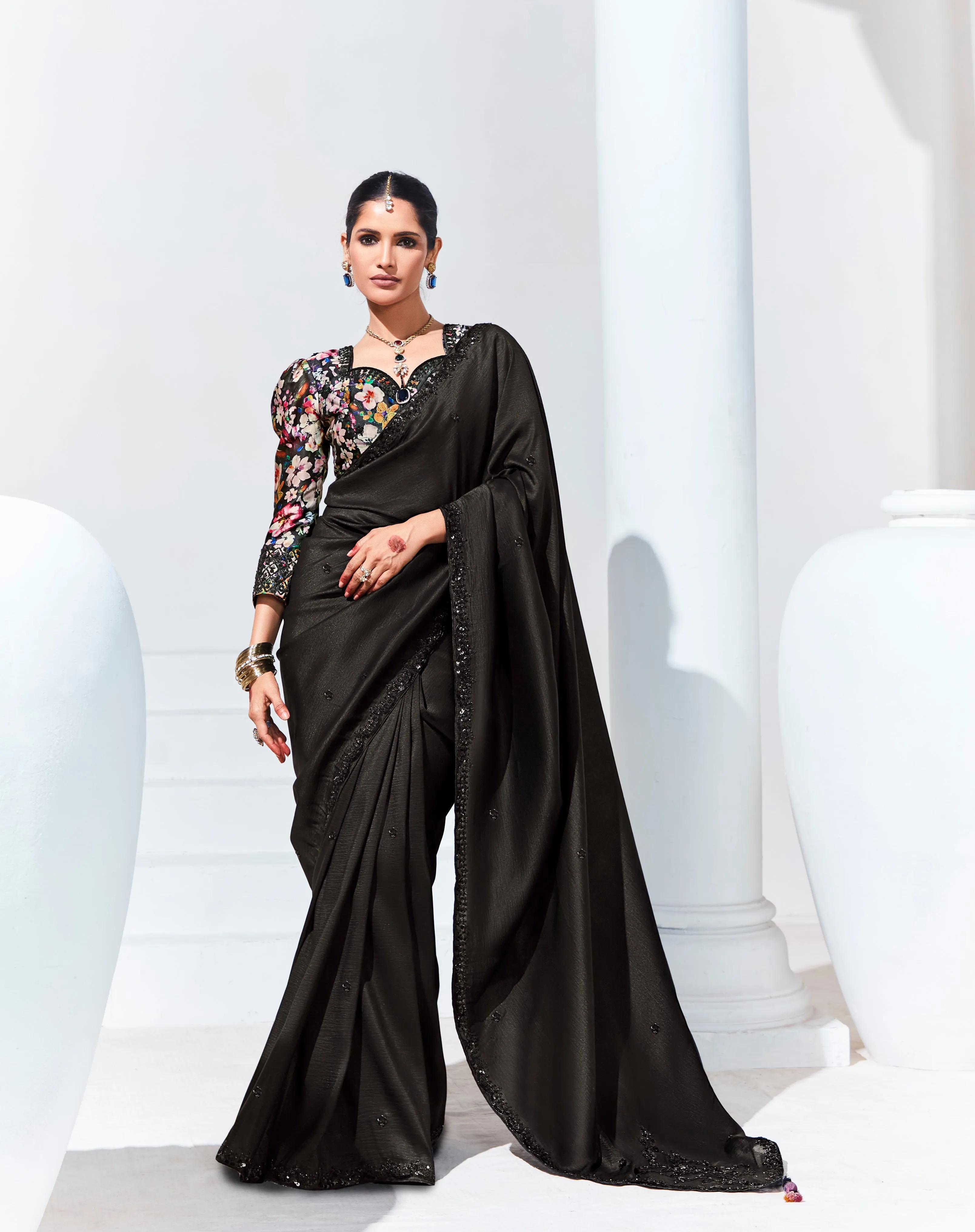 Elegant Black Sequined Embroidered Saree