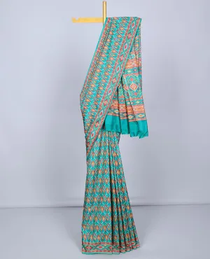 Green geometric printed semi-banaras printed saree, self-border & pallu of geometric patterns