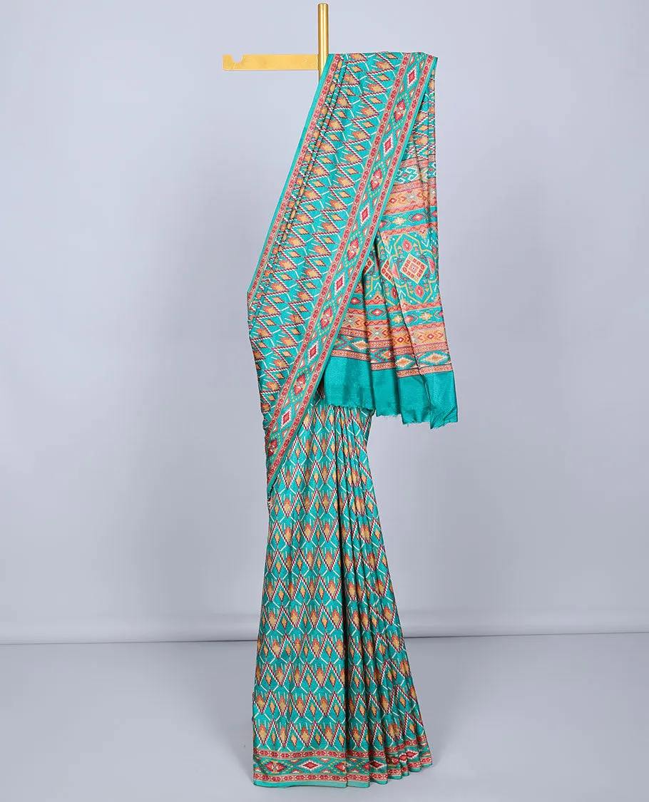 Green geometric printed semi-banaras printed saree, self-border & pallu of geometric patterns