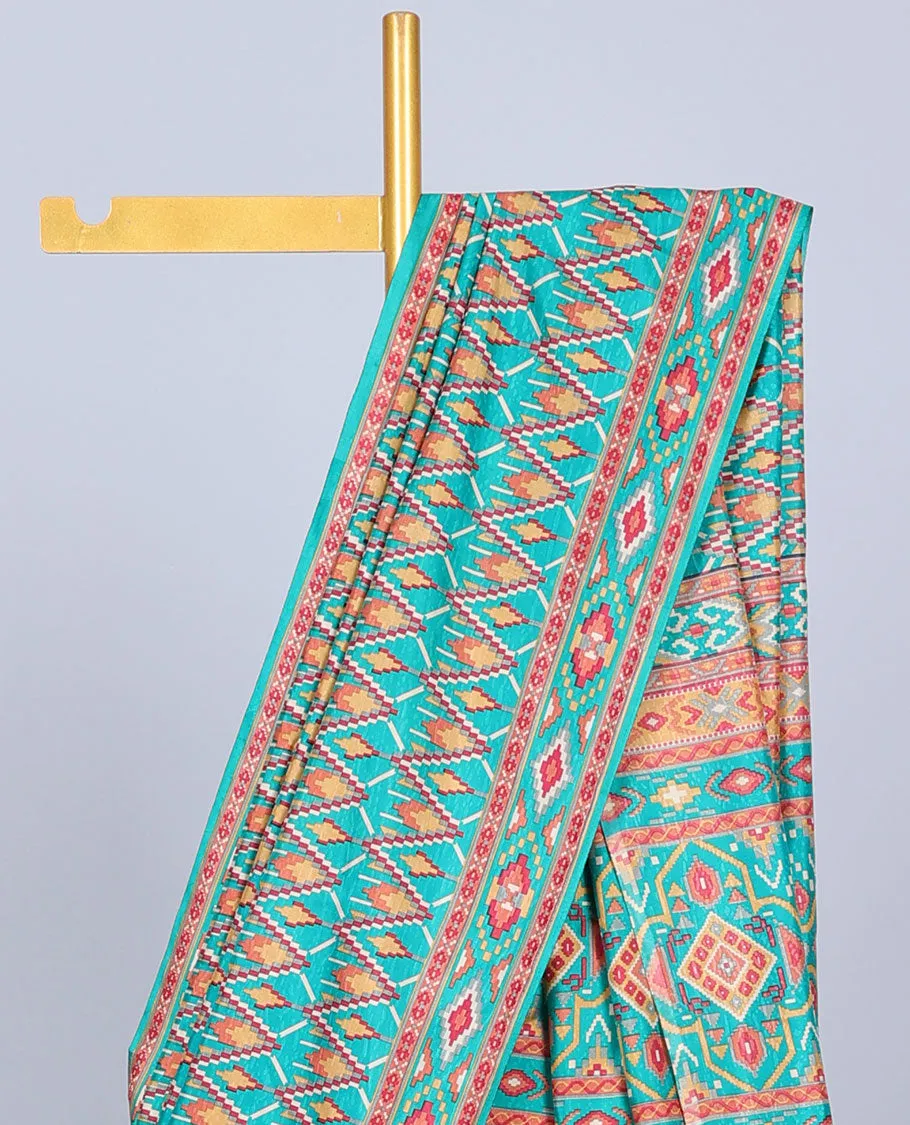 Green geometric printed semi-banaras printed saree, self-border & pallu of geometric patterns