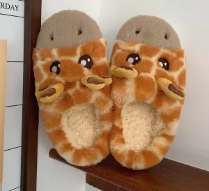 Hnzxzm Funny Funky Womens' Slippers Fluffy Faux Fur Cartoon Giraffe Animal Slippers Antiskid Soft Plush Flats Woman Shoes