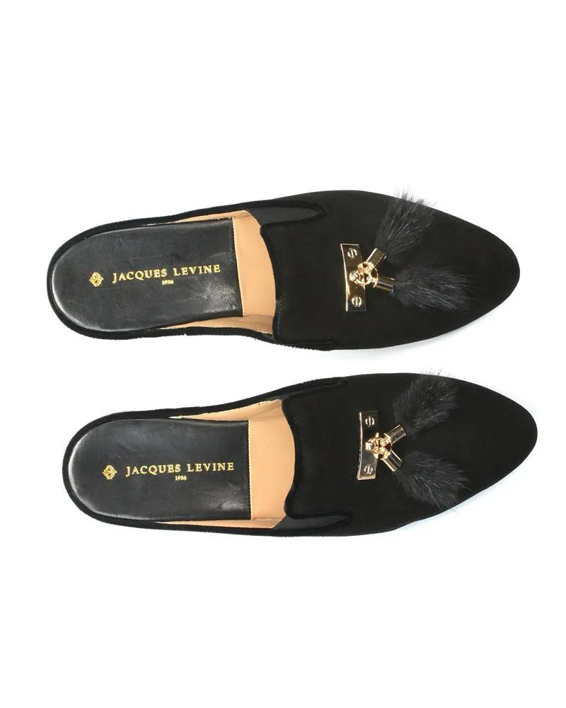 Jacques Levine Black Tea Genuine Suede Slippers with Tassels