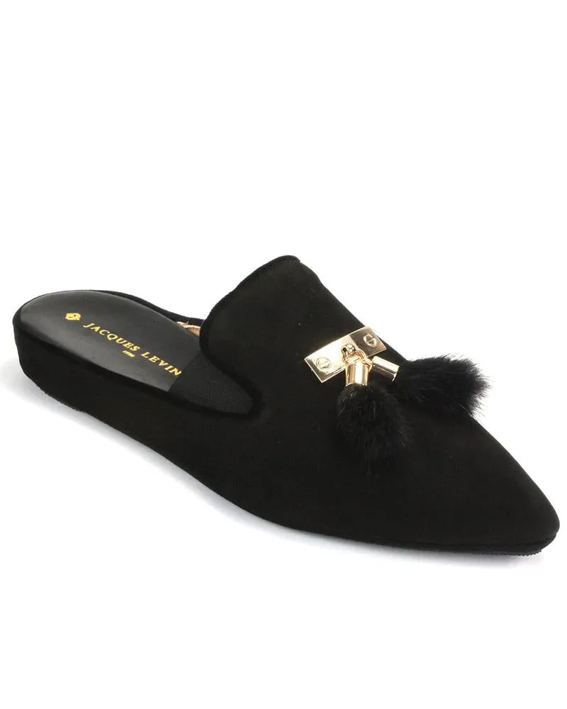Jacques Levine Black Tea Genuine Suede Slippers with Tassels