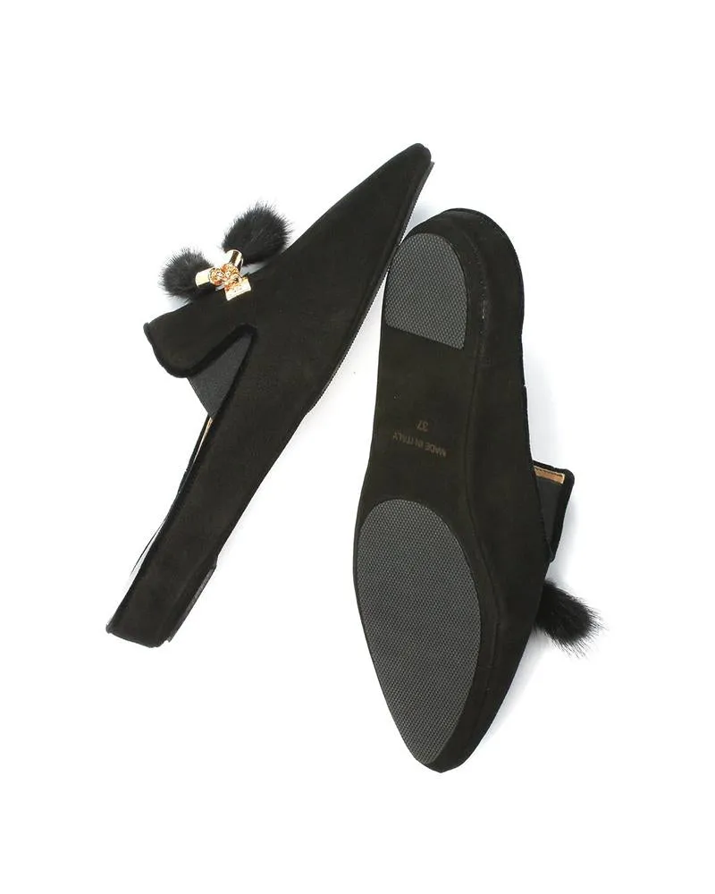 Jacques Levine Black Tea Genuine Suede Slippers with Tassels