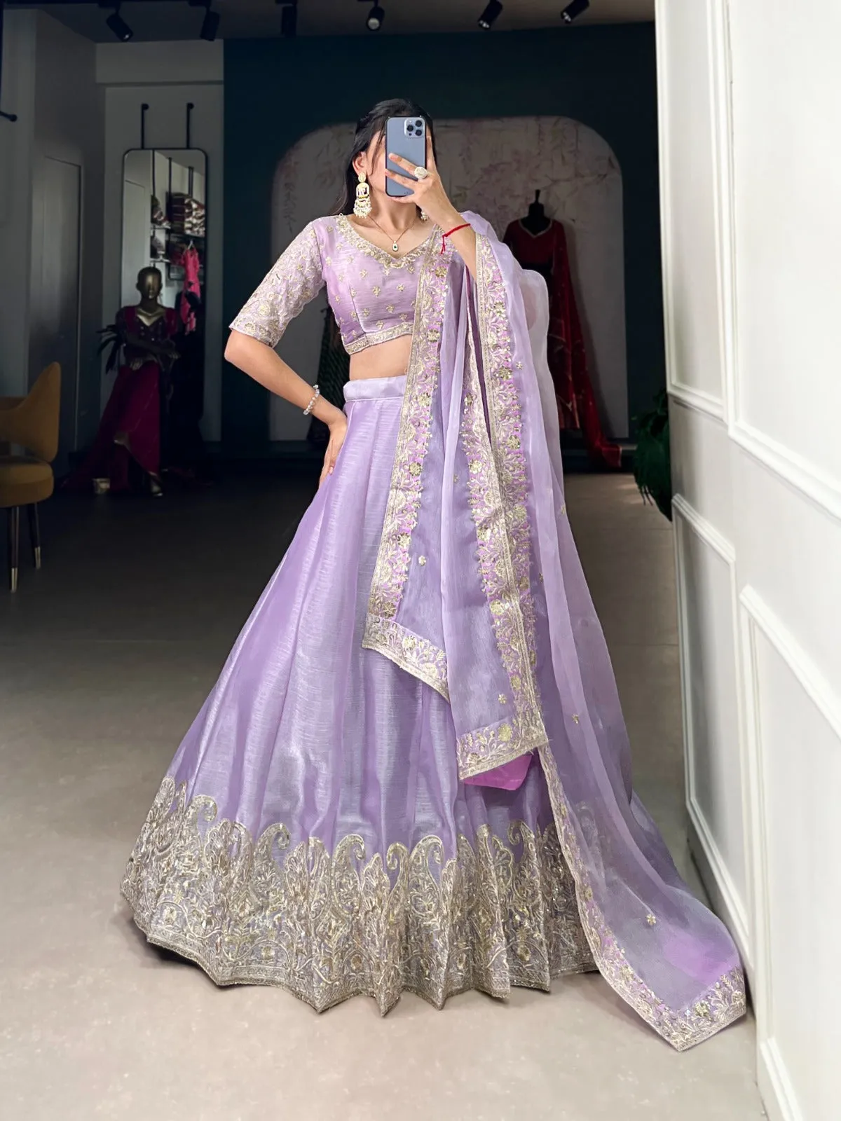 Lavender Burberry Silk Embroidered Lehenga Choli