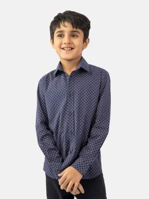 Navy Blue Geo Printed Long Sleeve Casual Shirt