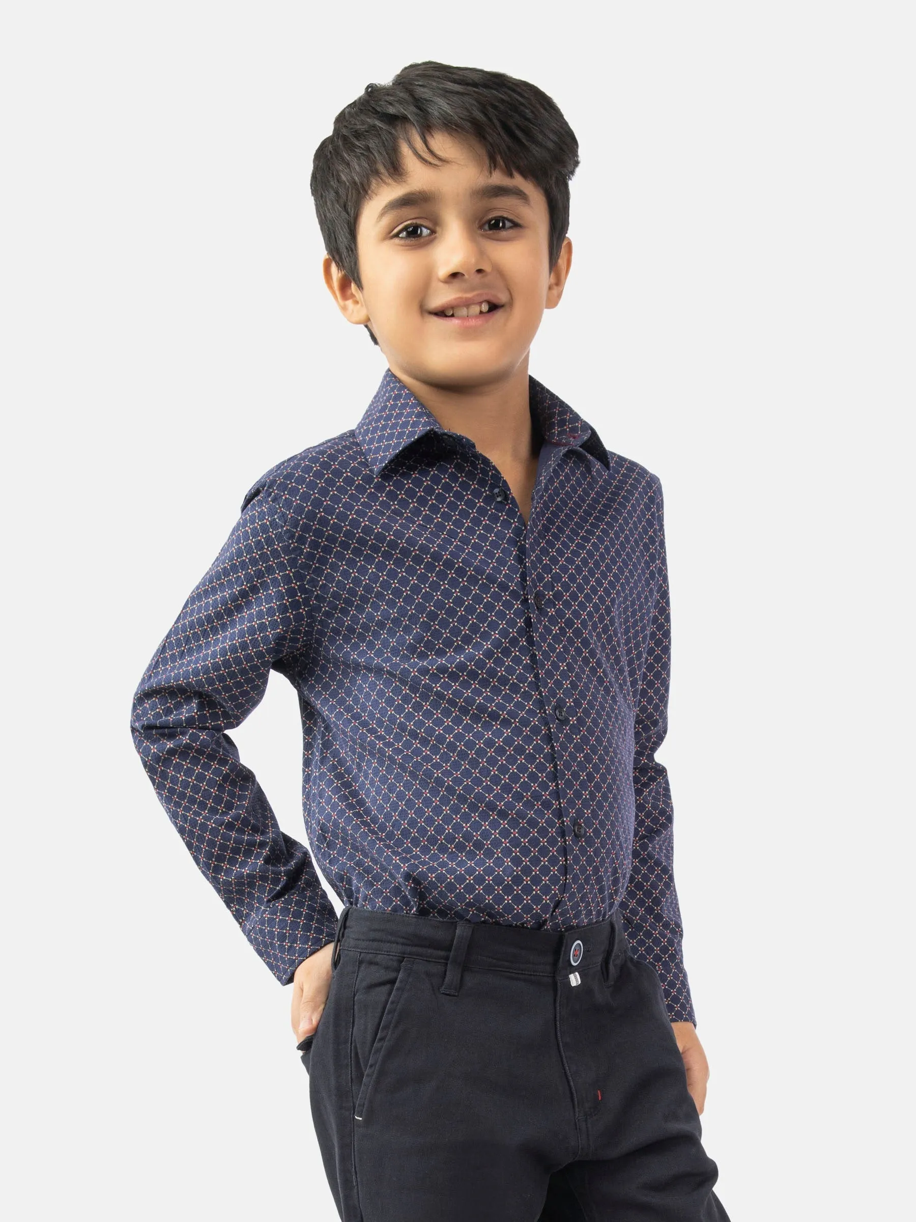 Navy Blue Geo Printed Long Sleeve Casual Shirt