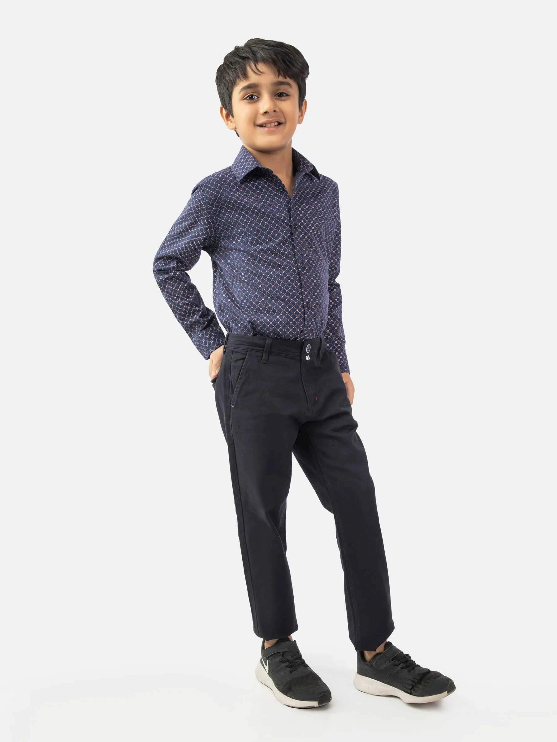 Navy Blue Geo Printed Long Sleeve Casual Shirt