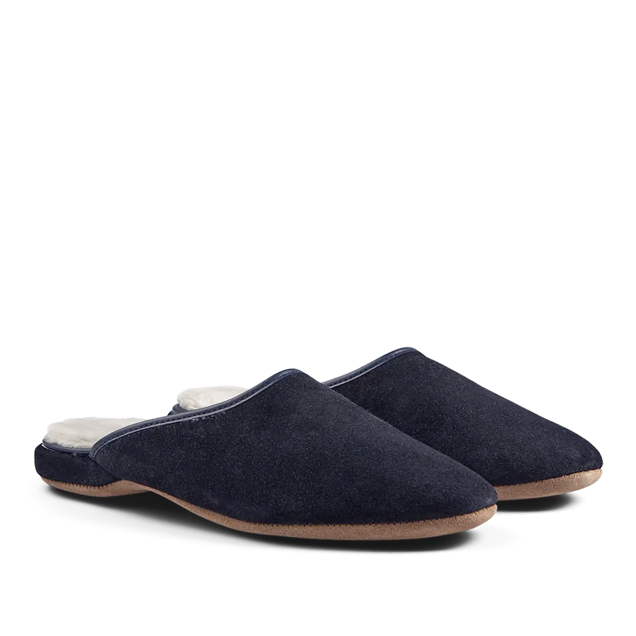 Navy Blue Suede Sheepskin Open Slippers