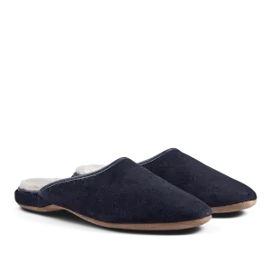 Navy Blue Suede Sheepskin Open Slippers