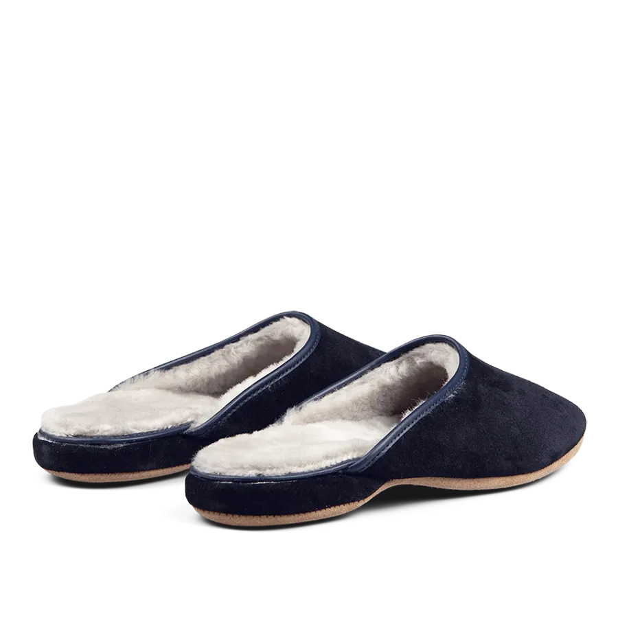 Navy Blue Suede Sheepskin Open Slippers