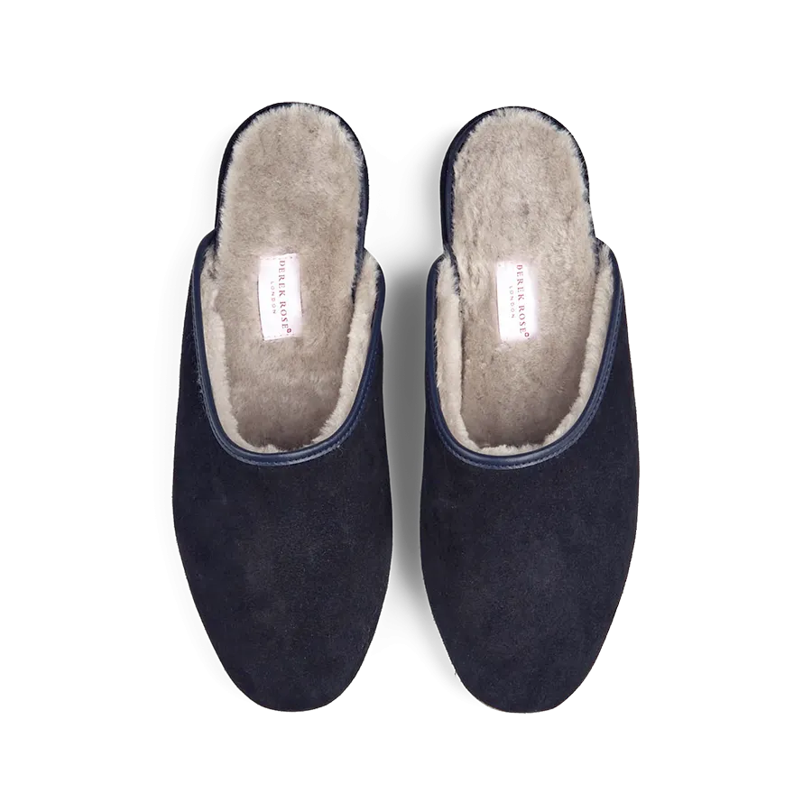 Navy Blue Suede Sheepskin Open Slippers