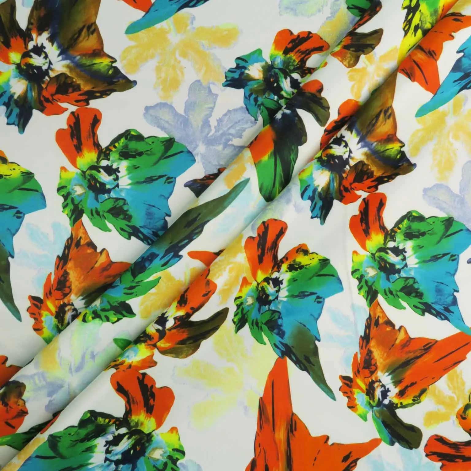Orange Floral on a White Background Printed Polyester Mikado Fabric