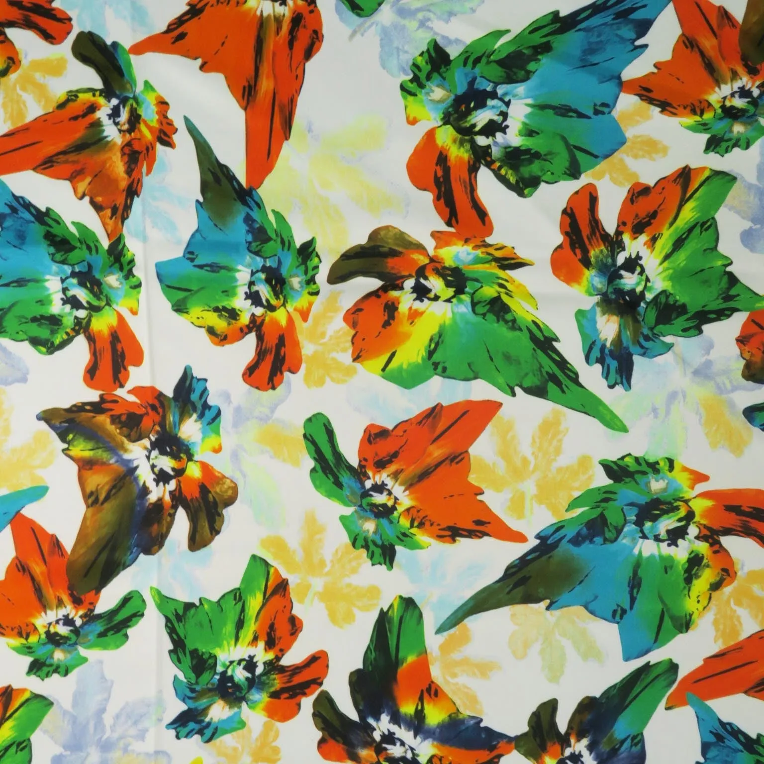 Orange Floral on a White Background Printed Polyester Mikado Fabric