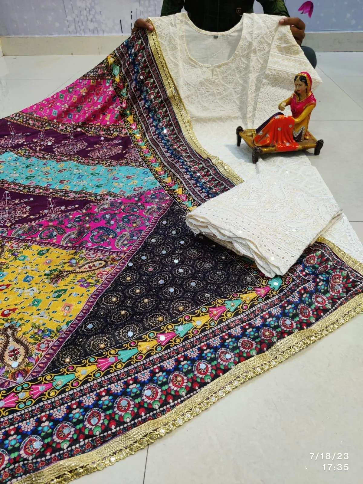 Pastel Stellar Chikankari Elegance - Pakistani Dupatta & Kurti Palazzo Set