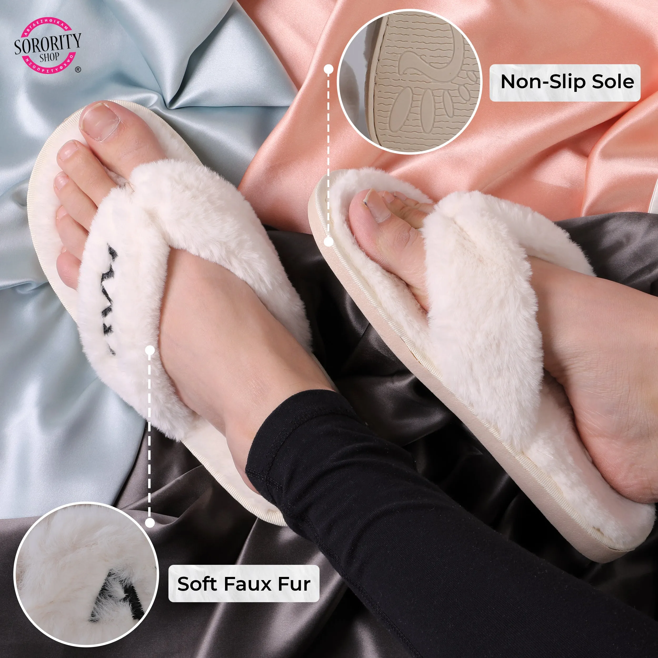 Phi Mu - Furry Slippers Women - With PM Embroidery Logo