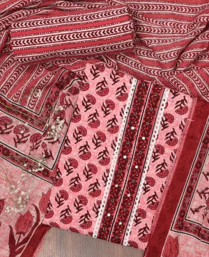 Pink chudidhar material set, floral motifs printed top, geometric printed bottom & intricate printed dupatta