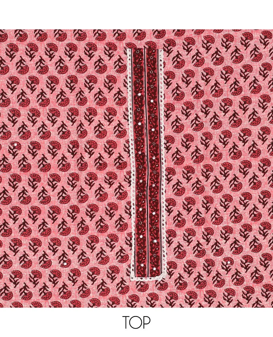 Pink chudidhar material set, floral motifs printed top, geometric printed bottom & intricate printed dupatta