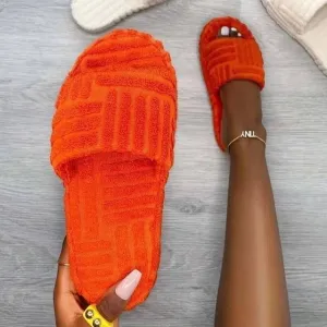 Retro Classic stripe soft comfy fuzzy slides wedge thick sole slippers