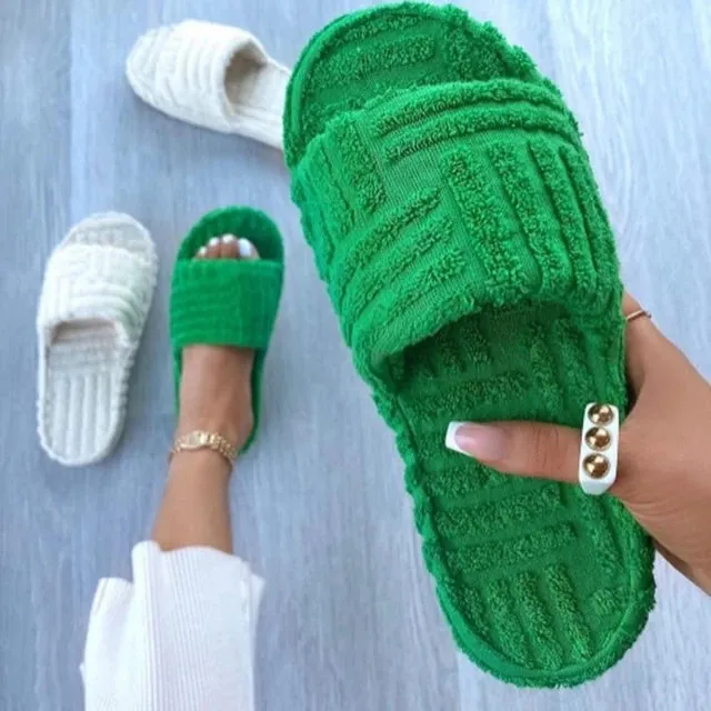 Retro Classic stripe soft comfy fuzzy slides wedge thick sole slippers