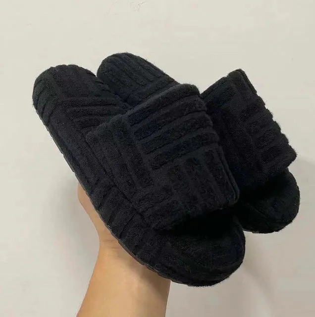 Retro Classic stripe soft comfy fuzzy slides wedge thick sole slippers