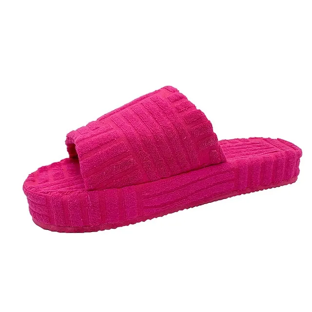Retro Classic stripe soft comfy fuzzy slides wedge thick sole slippers