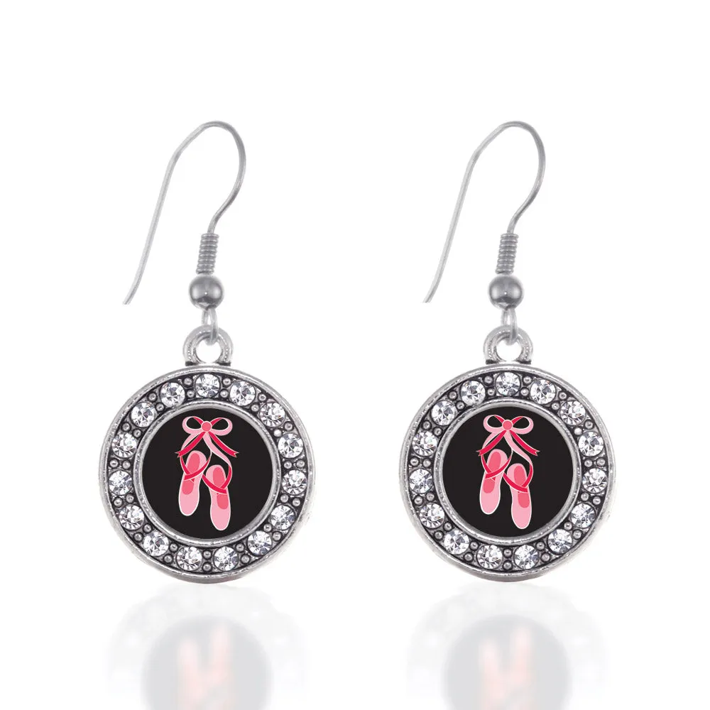 Silver Ballerina Slippers Circle Charm Dangle Earrings