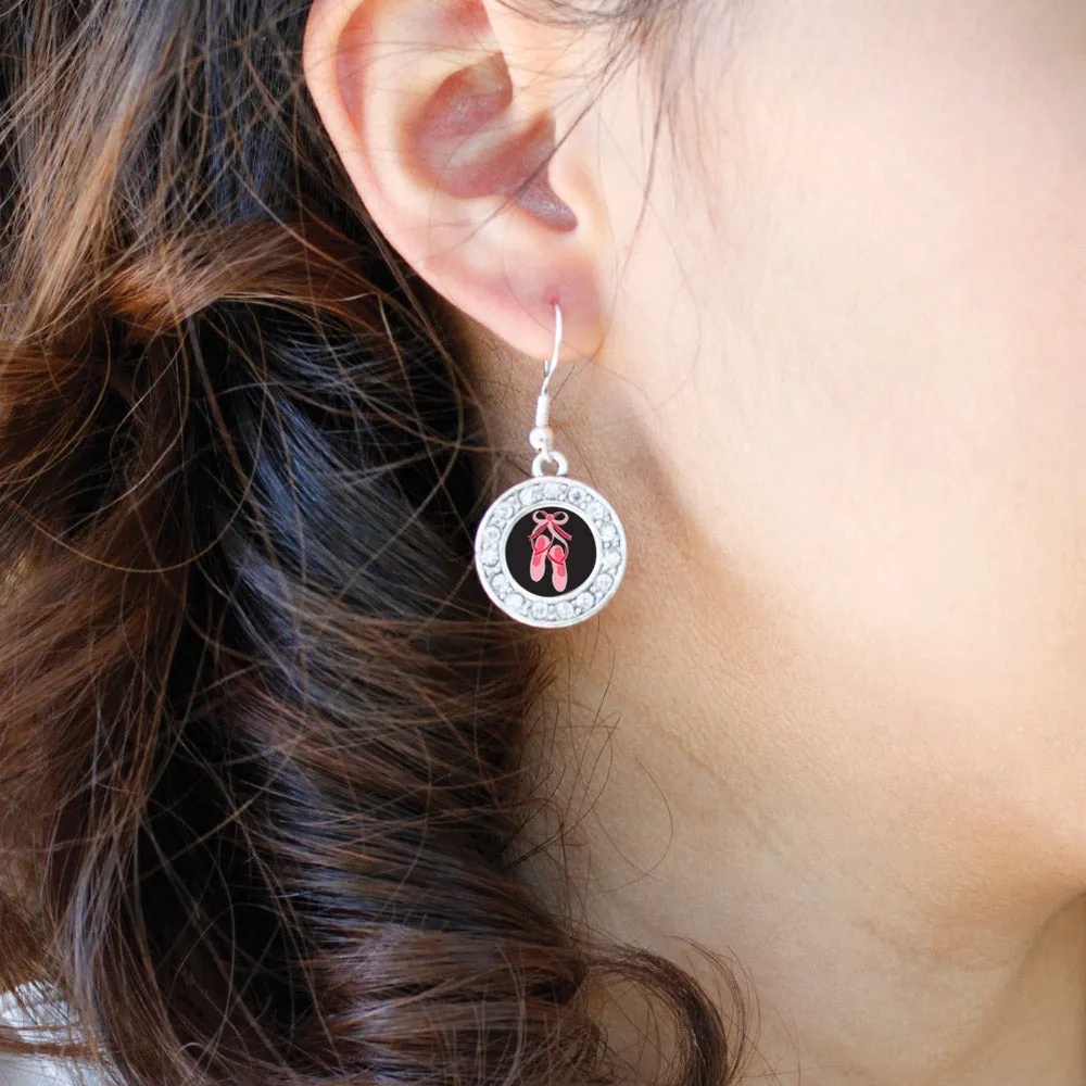 Silver Ballerina Slippers Circle Charm Dangle Earrings