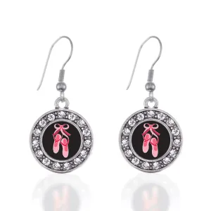 Silver Ballerina Slippers Circle Charm Dangle Earrings