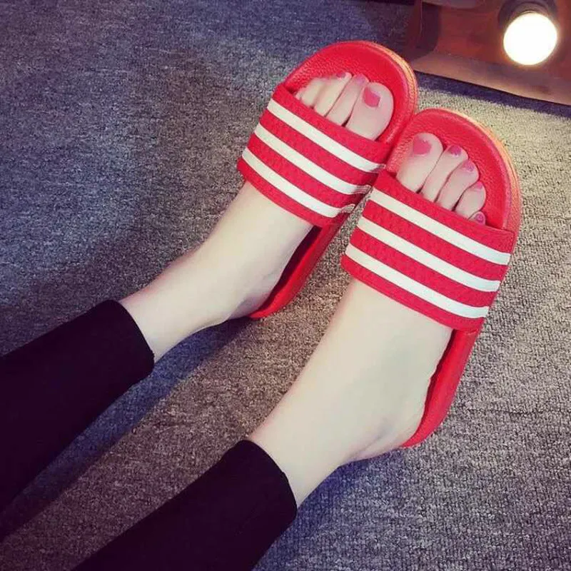 Slippers Women Summer White Stripes Three Bars