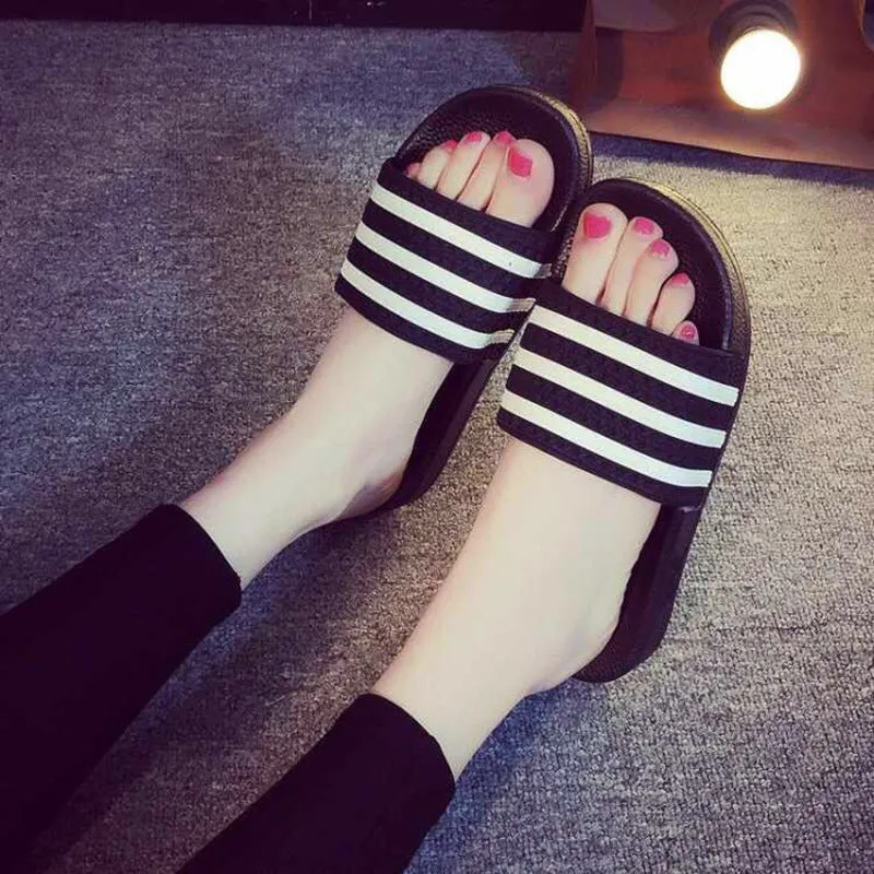 Slippers Women Summer White Stripes Three Bars