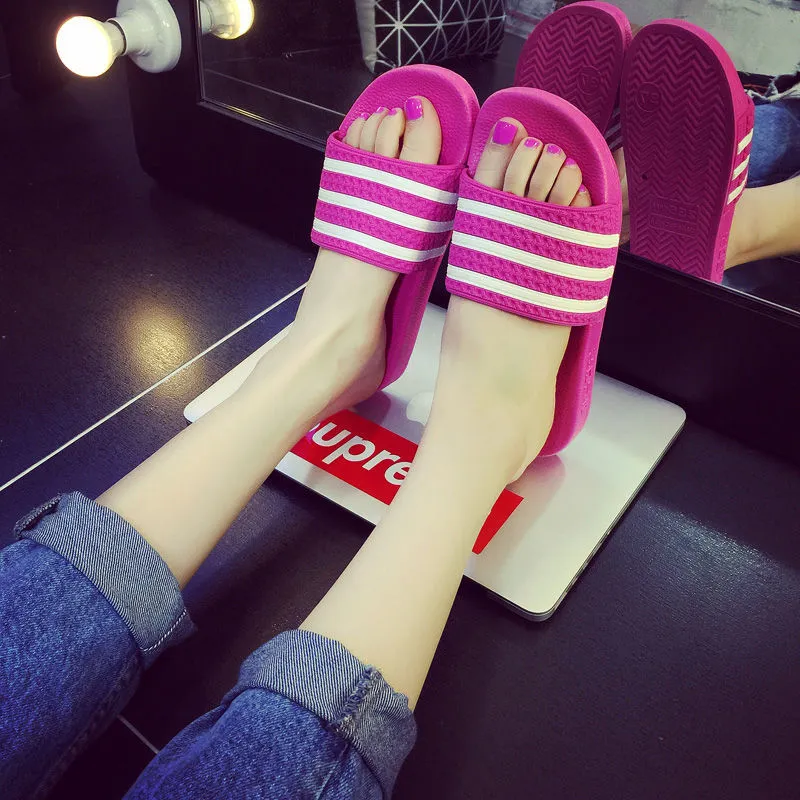 Slippers Women Summer White Stripes Three Bars