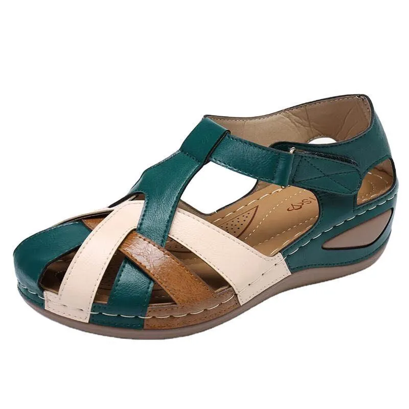 Women's vintage closed toe hollow magic tape sandals
