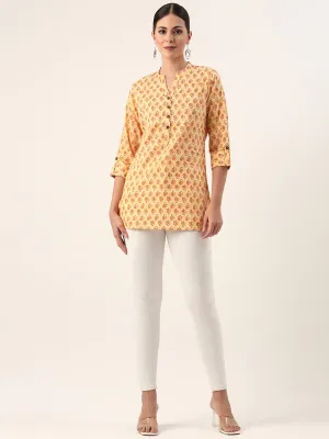 Yellow Mandarin Collar Ethnic Motifs Cotton Tunic