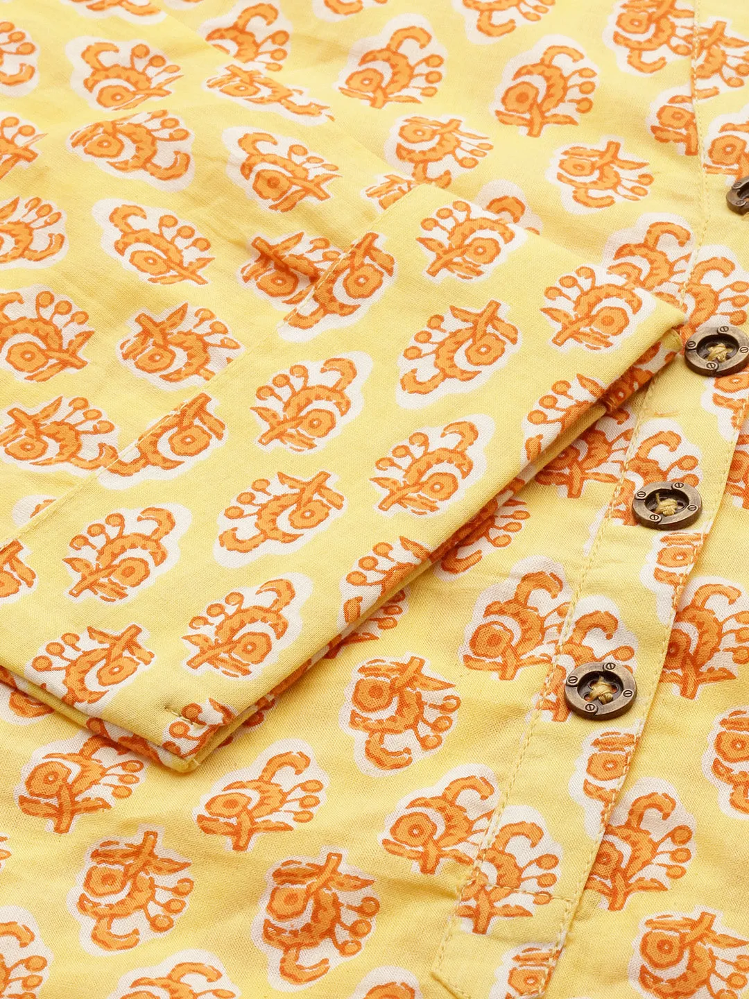 Yellow Mandarin Collar Ethnic Motifs Cotton Tunic