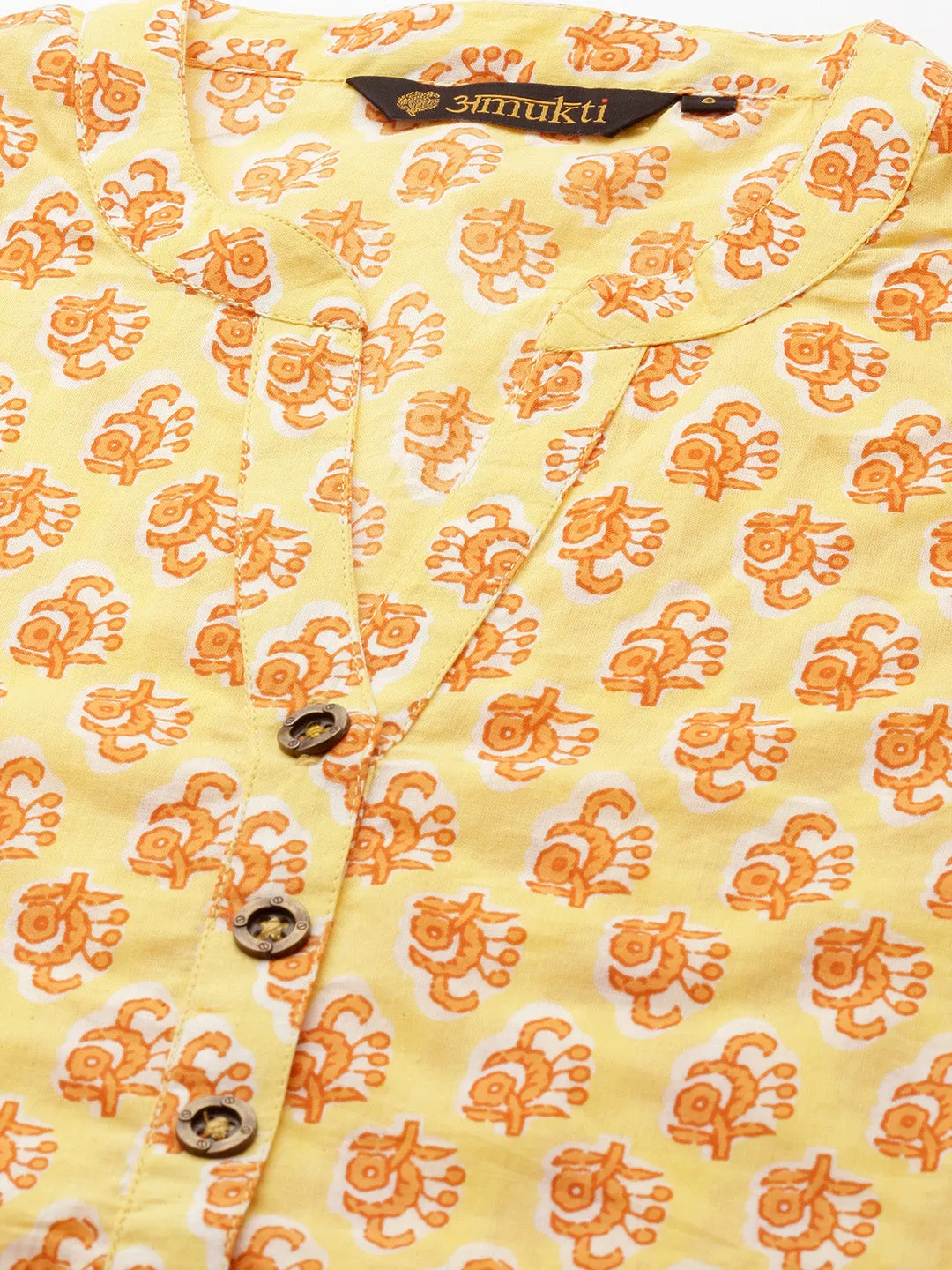 Yellow Mandarin Collar Ethnic Motifs Cotton Tunic