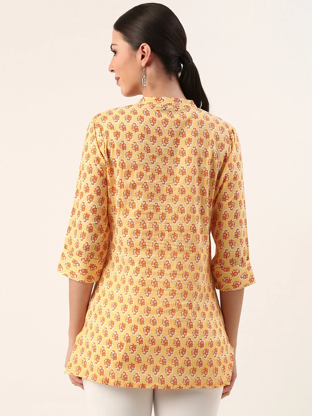 Yellow Mandarin Collar Ethnic Motifs Cotton Tunic