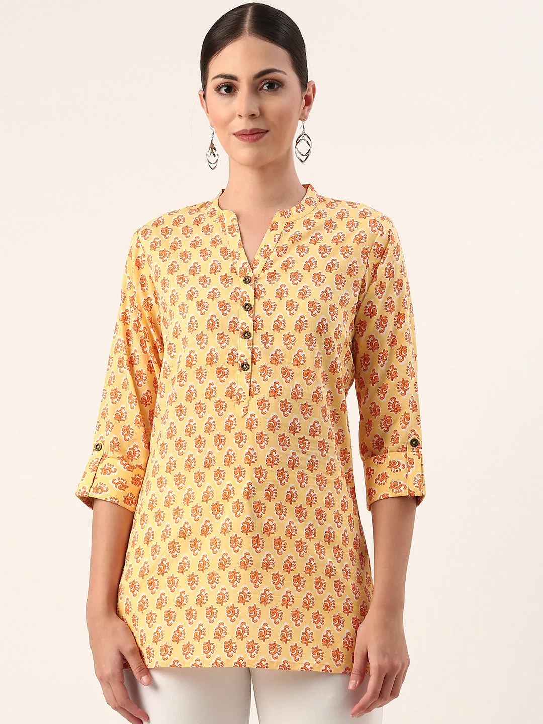 Yellow Mandarin Collar Ethnic Motifs Cotton Tunic