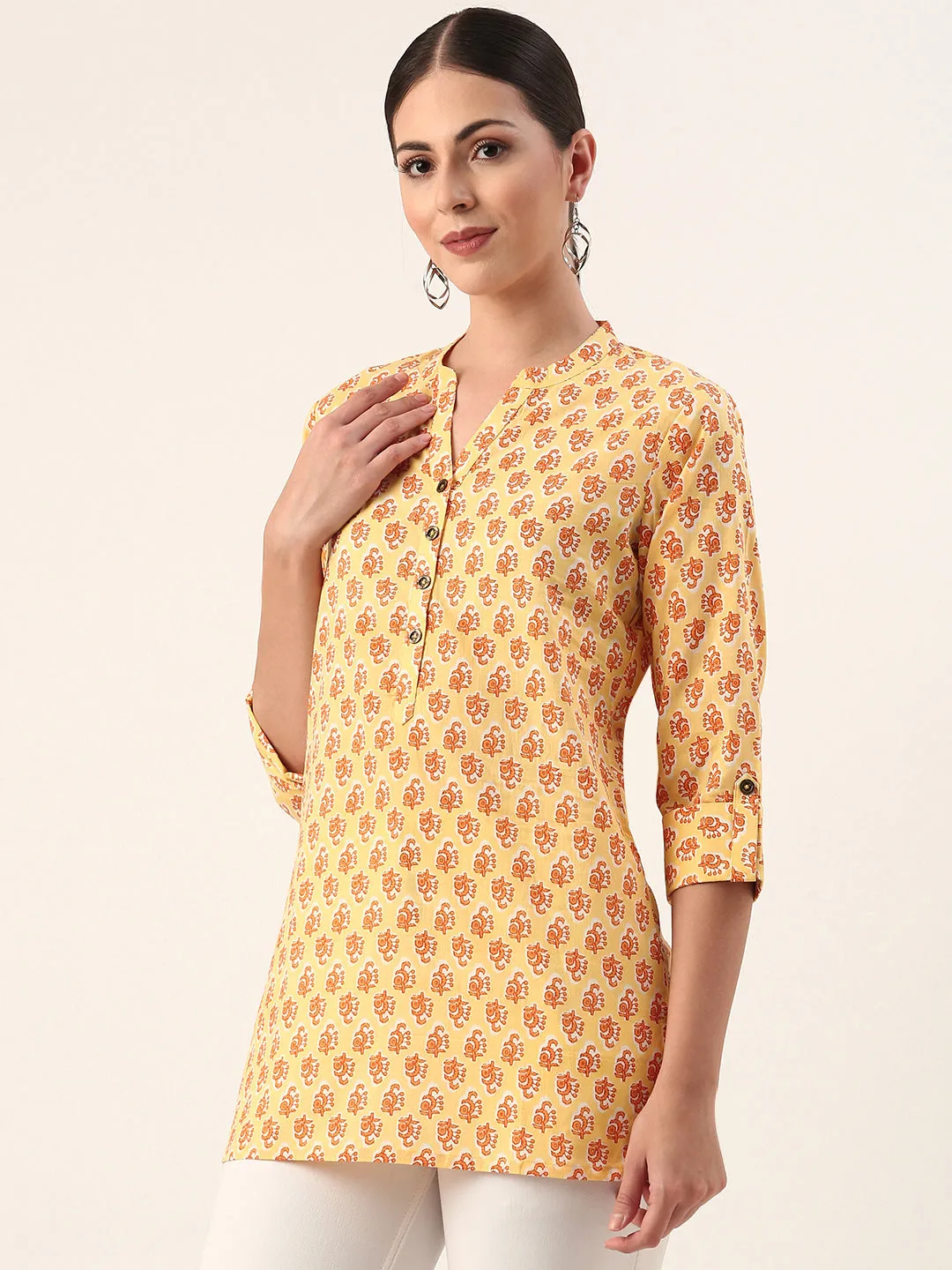 Yellow Mandarin Collar Ethnic Motifs Cotton Tunic