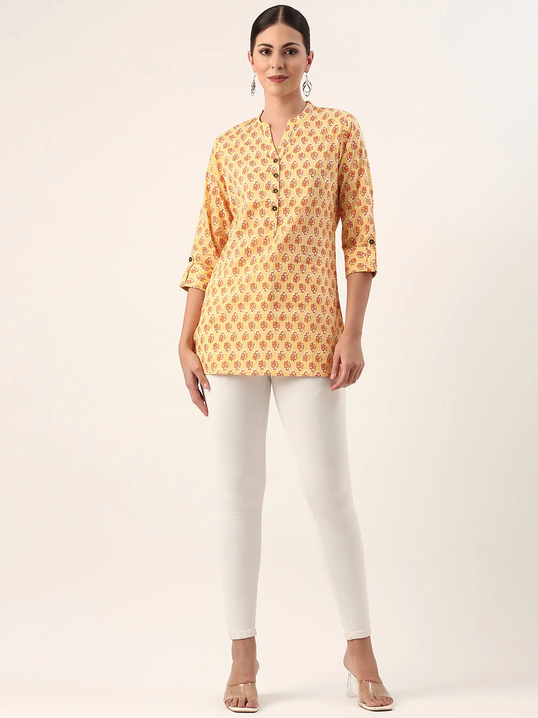 Yellow Mandarin Collar Ethnic Motifs Cotton Tunic